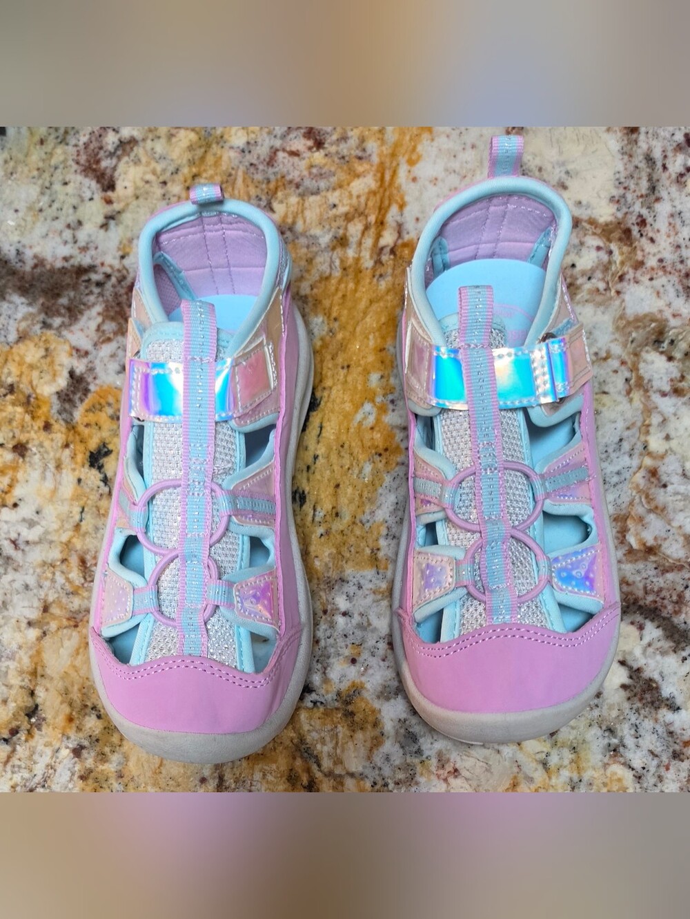 Girls Pink & Purple Iridescent Strap Sandals